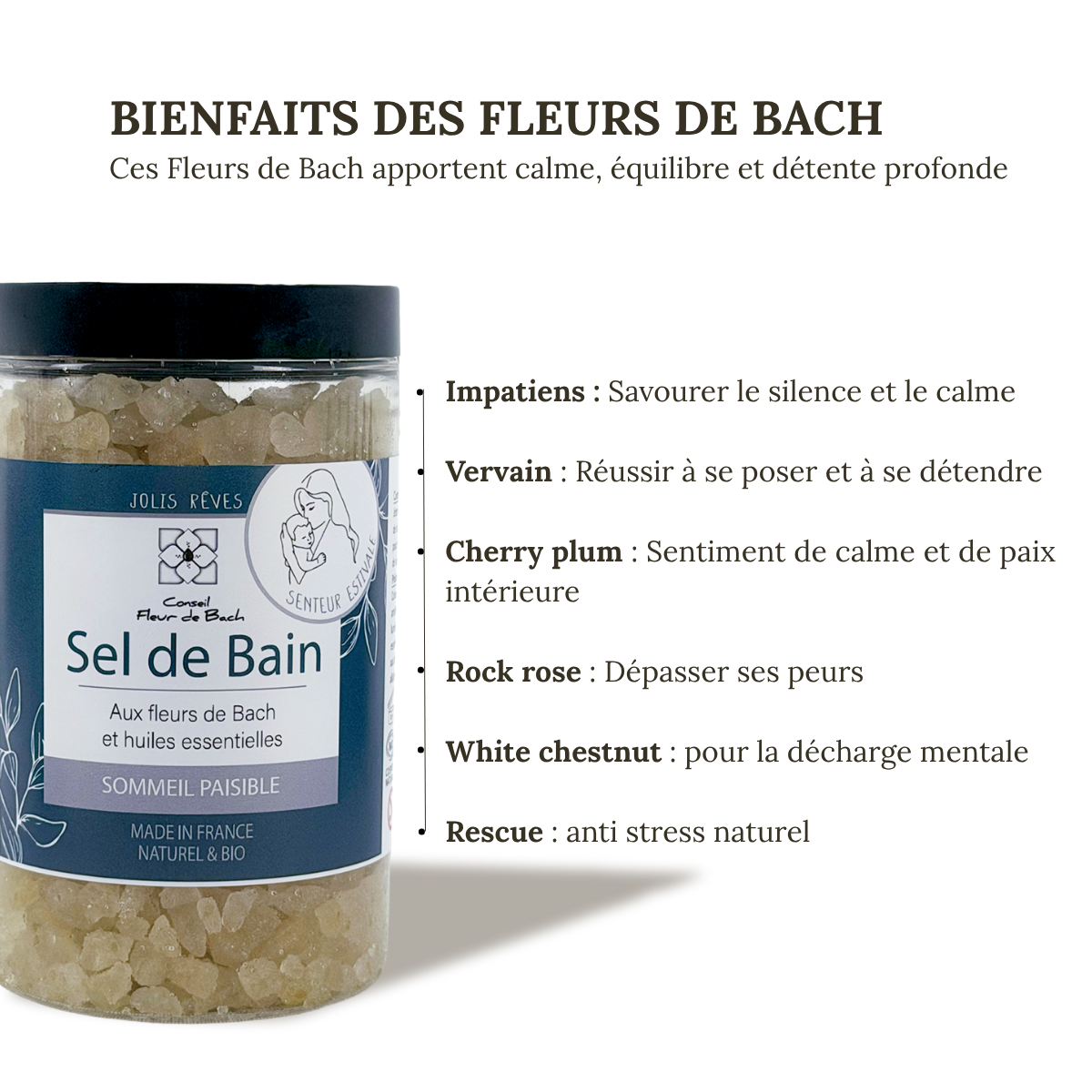 Sommeil paisible - Sel de bain BIO aux fleurs de Bach et aux Huiles essentielles