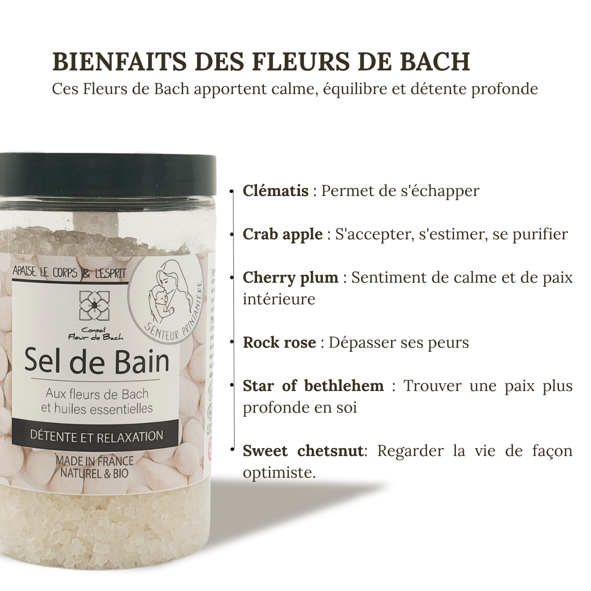 Détente et Relaxation BIO - Sel de bain BIO aux fleurs de Bach et aux Huiles essentielles