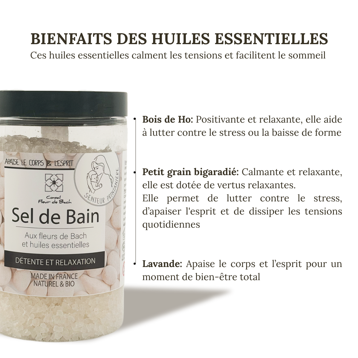 Détente et Relaxation BIO - Sel de bain BIO aux fleurs de Bach et aux Huiles essentielles