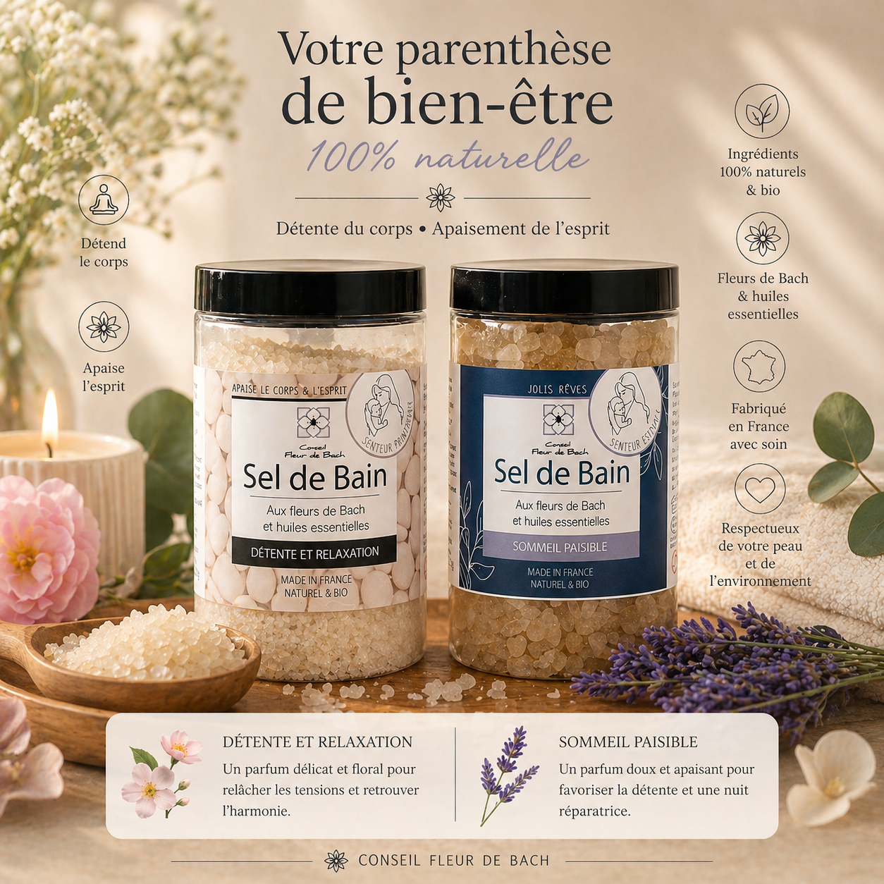 Coffret de sels de Bain aux fleurs de Bach et aux huiles essentielles