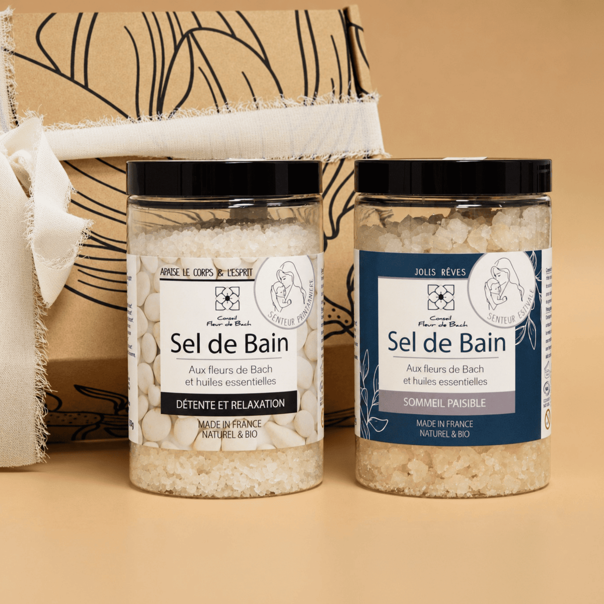 Boîte coffret cadeau contenant les deux flacons de sels de bain relaxants aux fleurs de Bach.
