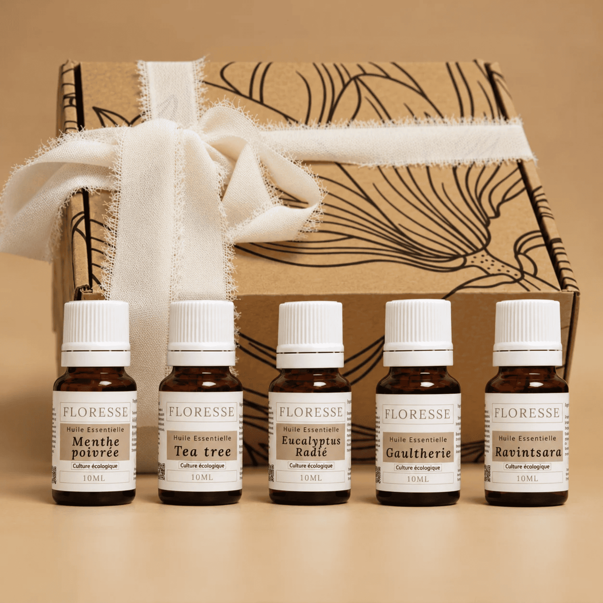 Boîte coffret cadeau réunissant le kit des 5 huiles essentielles indispensables de l'aromathérapie.
