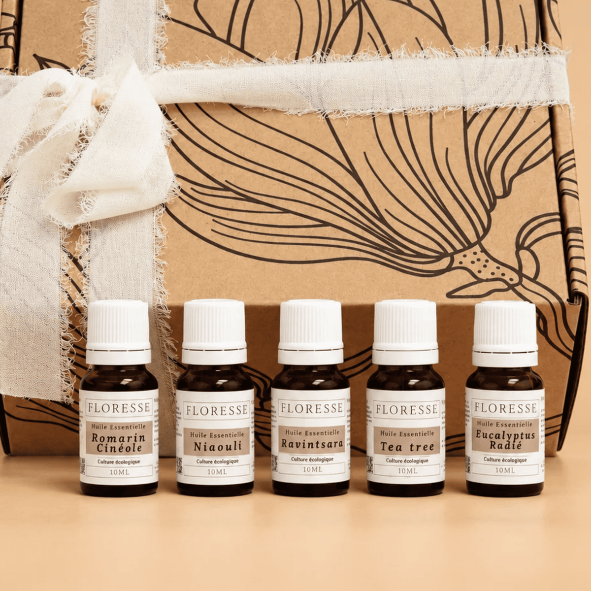 Boîte coffret cadeau réunissant les 5 huiles essentielles d'aromathérapie pour passer un hiver serein.