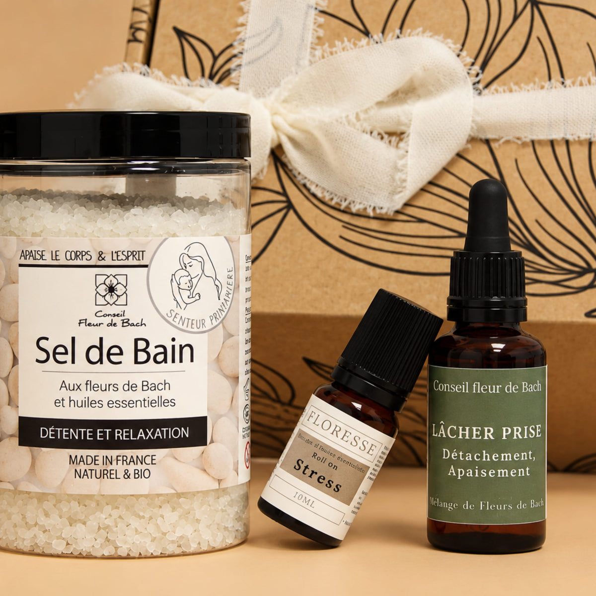 Coffret cadeau rituel lâcher-prise composé d'une Fleur de Bach, d'un roll-on et d'un sel de bain.
