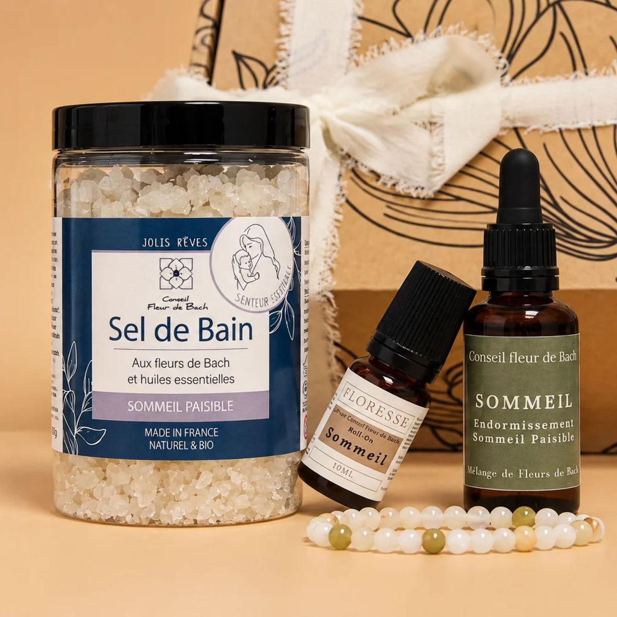 Rituel sommeil complet composé d'une Fleur de Bach, d'un roll-on et d'un sel de bain avec leur coffret.