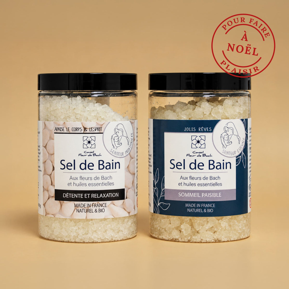 Duo de sels de bain naturels aux fleurs de Bach et huiles essentielles pour un moment de relaxation.