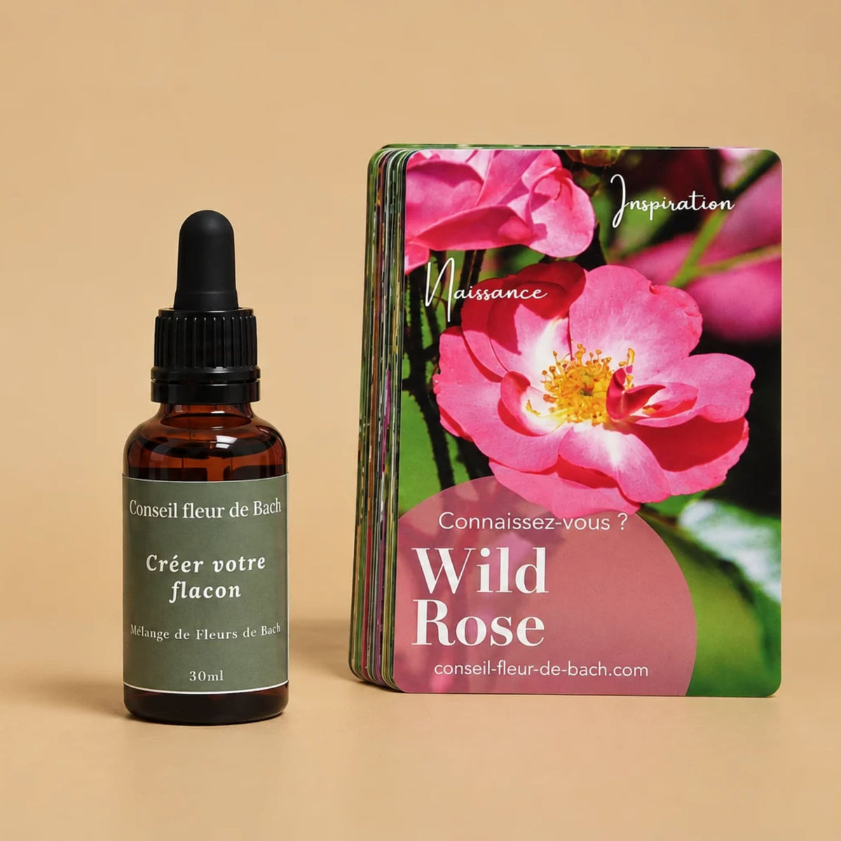 Flacon de soin sur-mesure et cartes de guidance émotionnelle Fleurs de Bach.