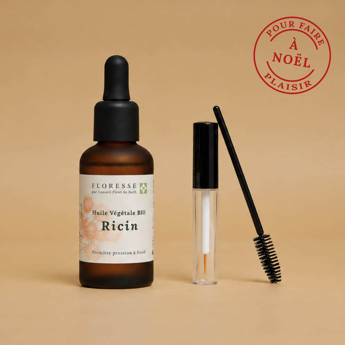 Flacon d'huile de ricin pure et son goupillon d'application pour cils et sourcils.