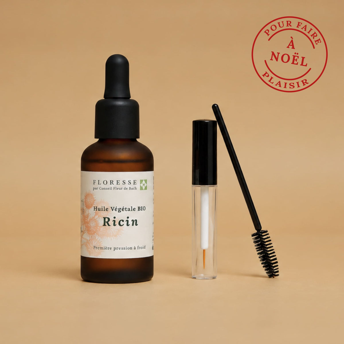 Flacon d'huile de ricin pure et son goupillon d'application pour cils et sourcils.