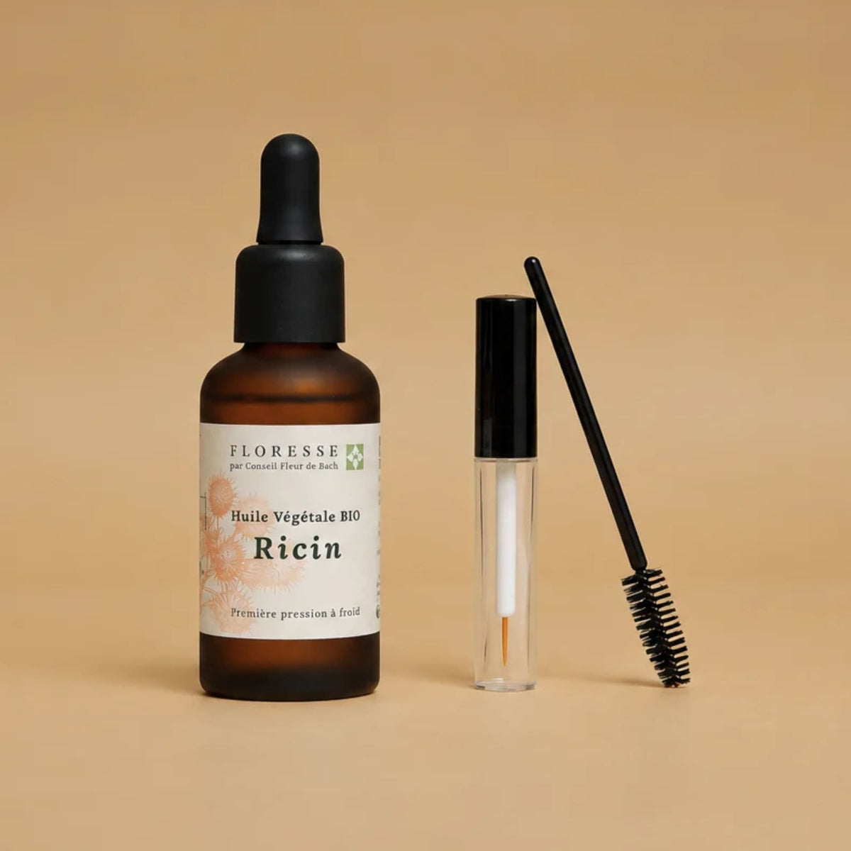 Flacon d'huile de ricin pure et son goupillon d'application pour cils et sourcils.