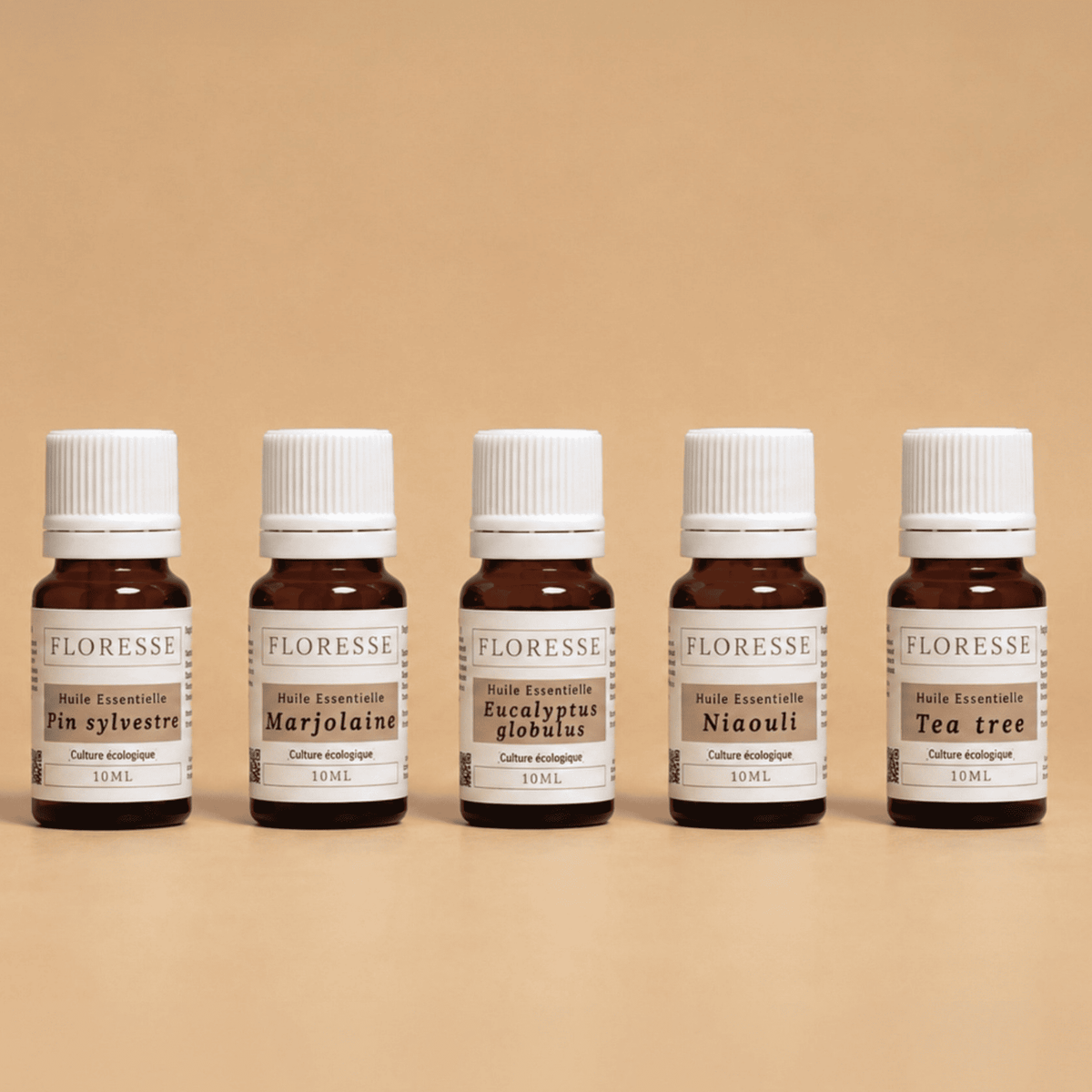 Les 5 huiles essentielles spécial diffusion respiration : eucalyptus globulus, pin sylvestre, niaouli, tea tree et marjolaine.