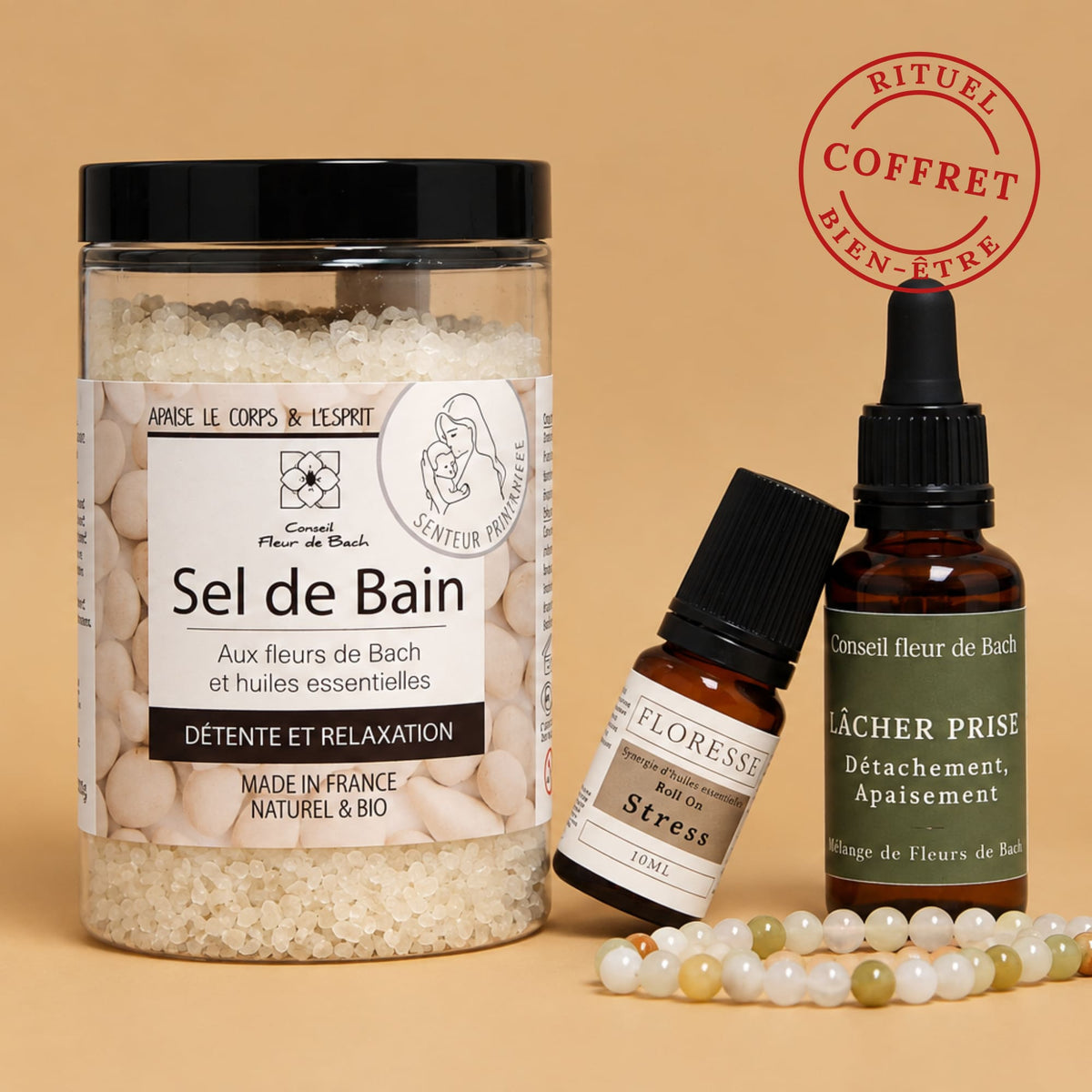 Soin rituel lâcher-prise avec Fleur de Bach, roll-on relaxant et sel de bain.