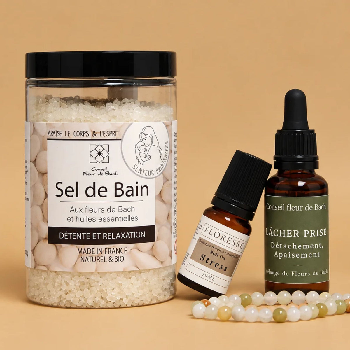 Soin rituel lâcher-prise avec Fleur de Bach, roll-on relaxant et sel de bain.