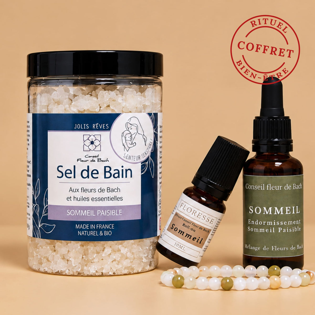 Produits du rituel sommeil avec Fleur de Bach, roll-on aux huiles essentielles et sel de bain.
