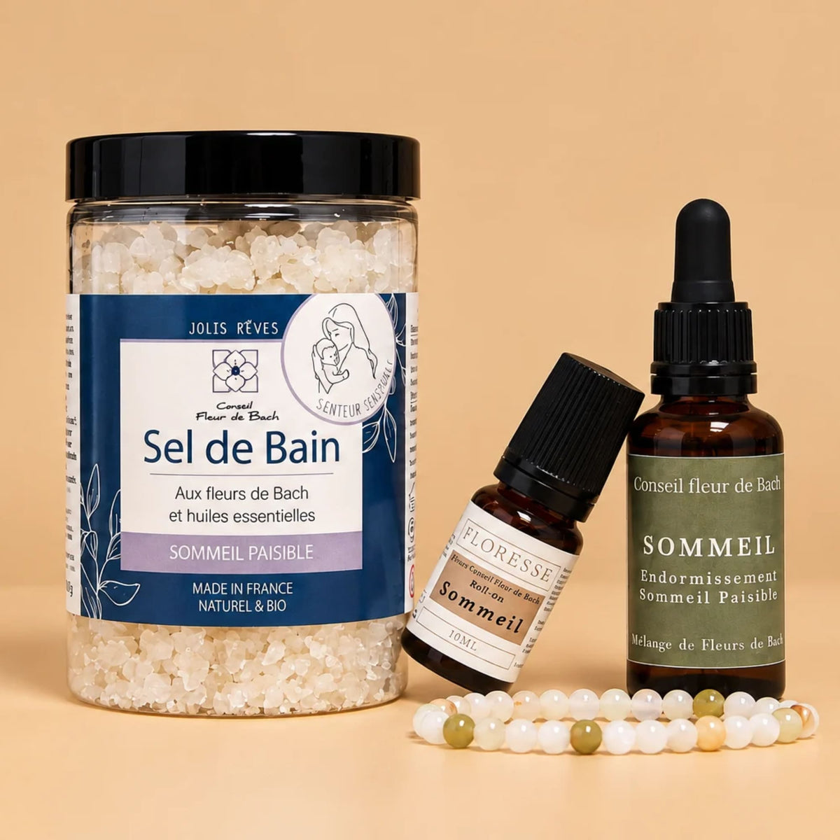 Produits du rituel sommeil avec Fleur de Bach, roll-on aux huiles essentielles et sel de bain.
