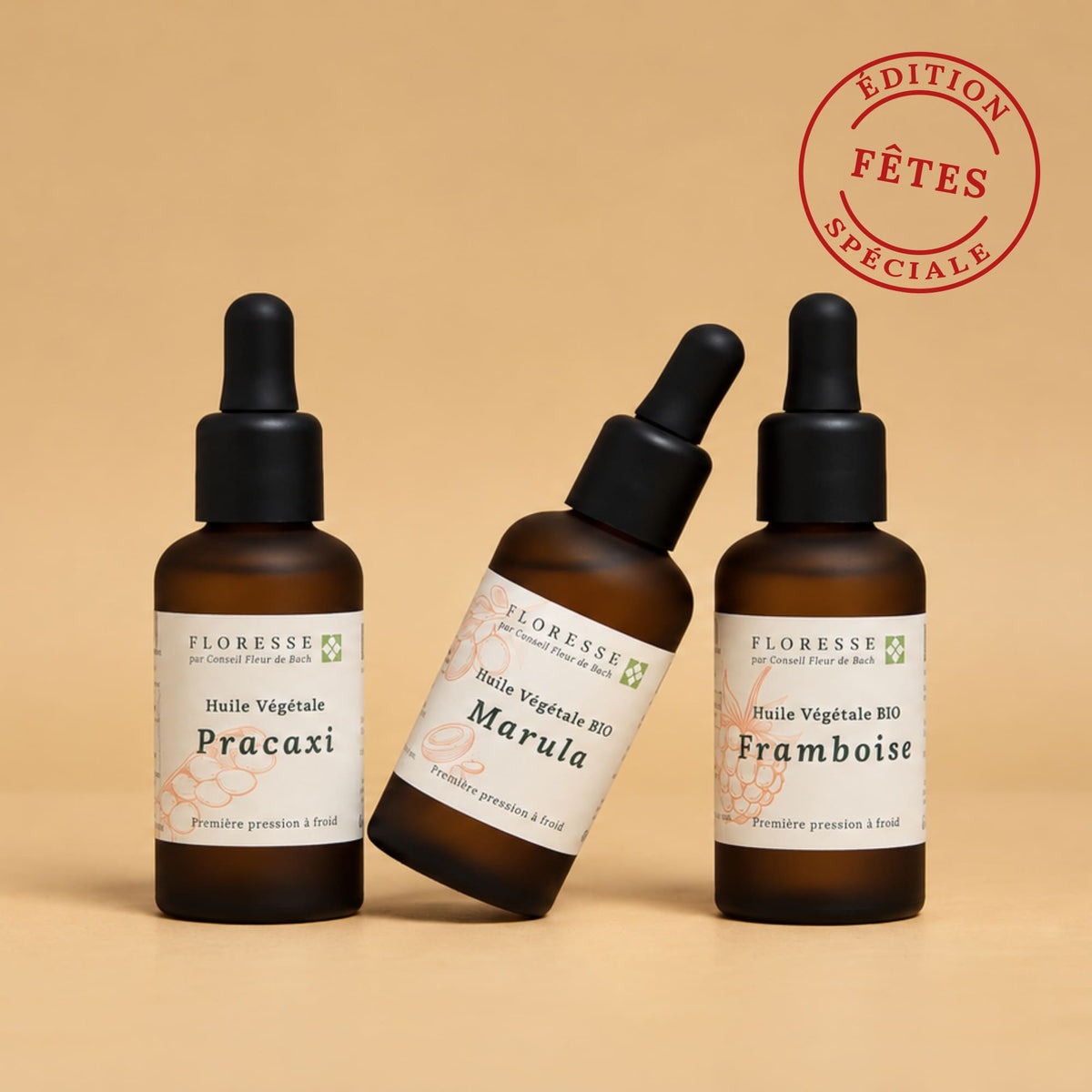 Trio d'huiles végétales pures et naturelles pour le soin du visage.