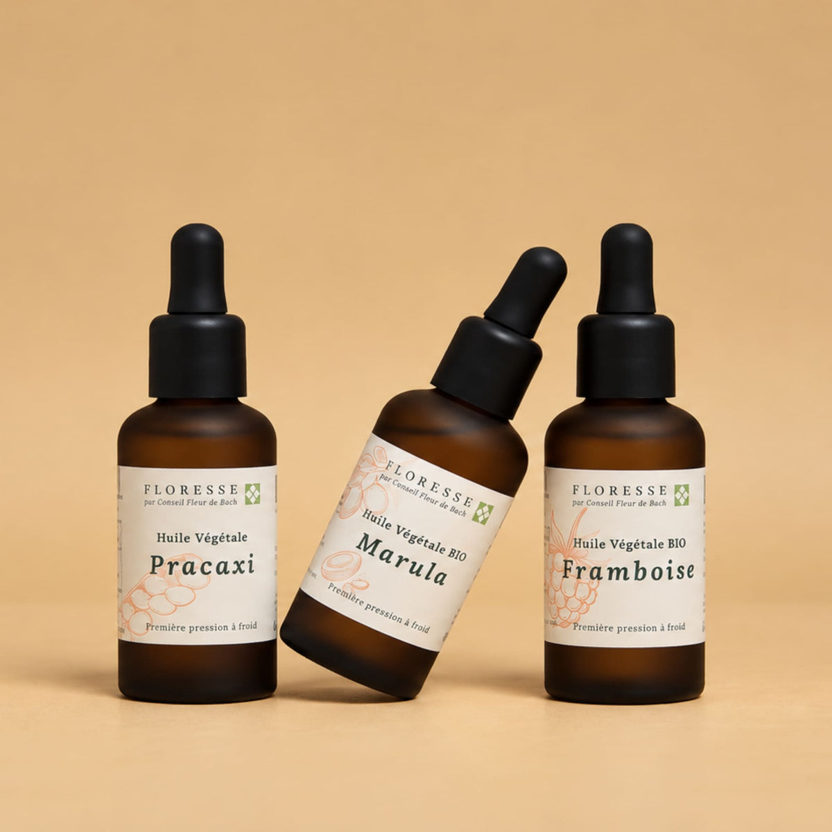 Trio d'huiles végétales pures et naturelles pour le soin du visage.