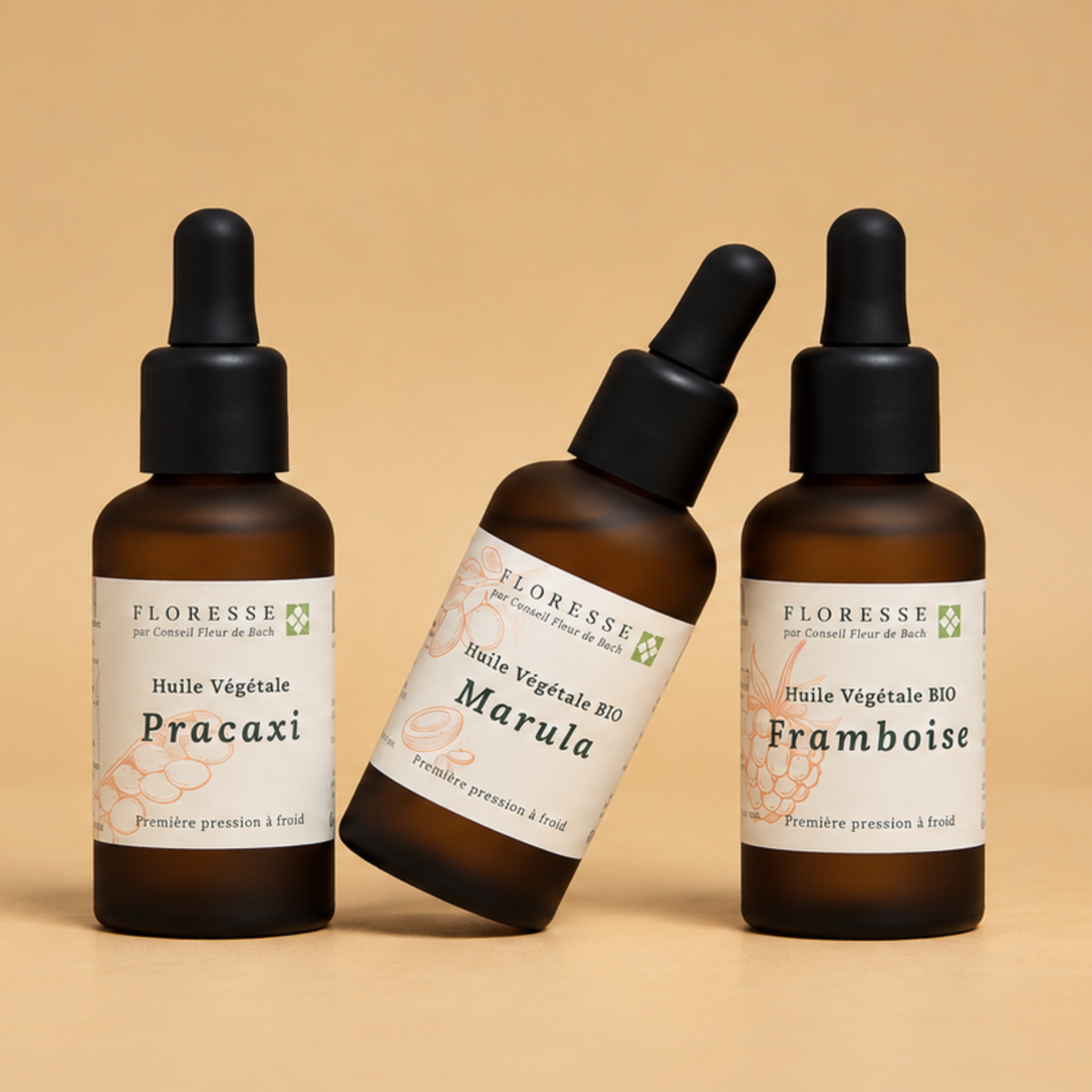 Trio d'huiles végétales pures et naturelles pour le soin du visage.
