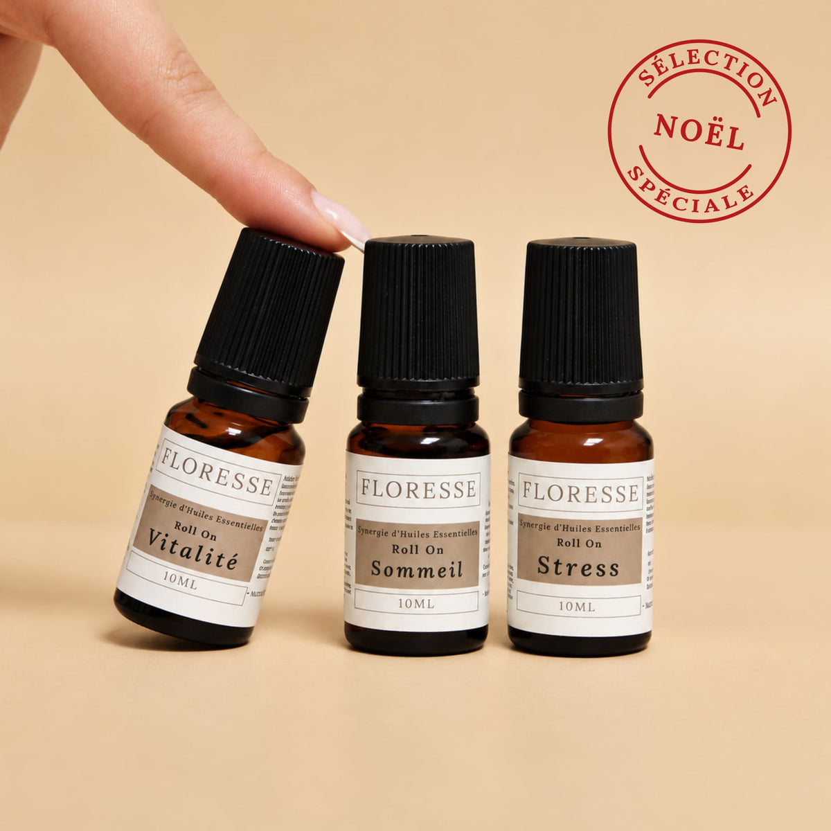 Les 3 roll-on d'aromathérapie et fleurs de Bach du coffret SOS Équilibre pour le bien-être émotionnel.