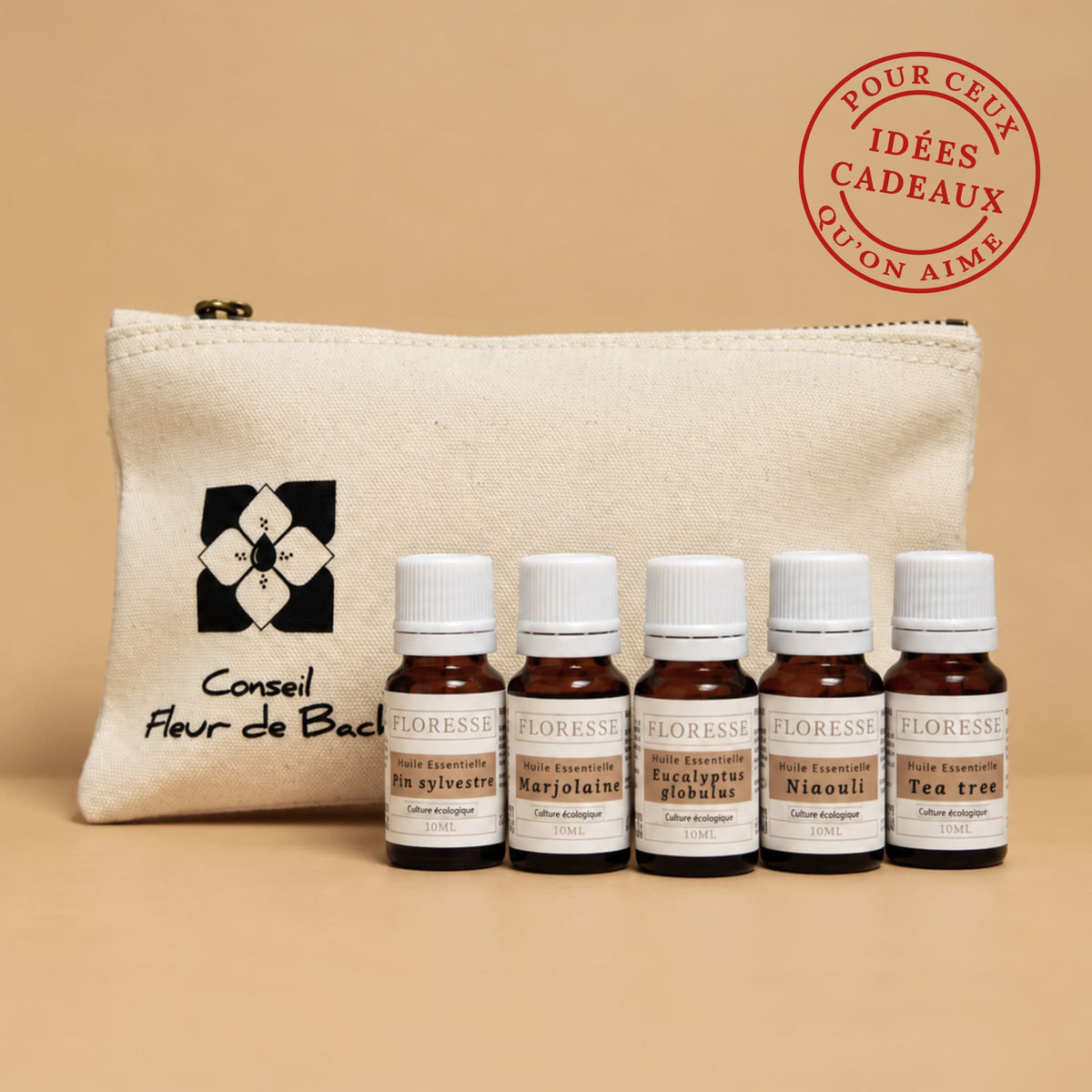 Trousse nomade en coton biologique avec le lot de 5 huiles essentielles pour la diffusion respiratoire.